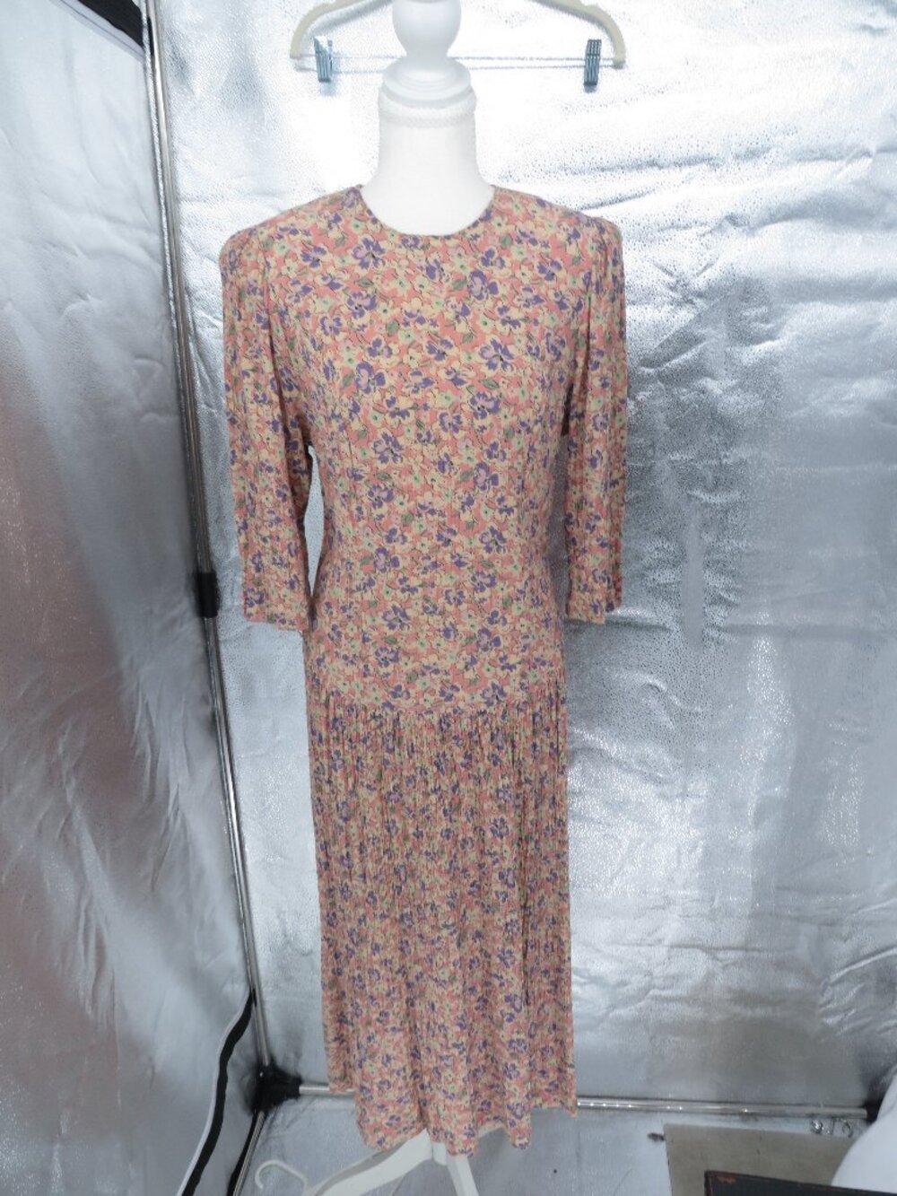 Vintage Maxi Dress Belle France Floral Pleated Pink Purple Rayon ILGWU 10 Medium